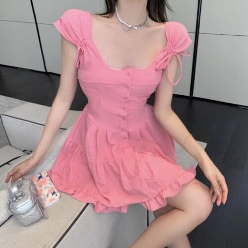 Womens slim waist dress short style square collar bandage buttons up solid color short dresses female