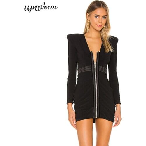 Free Shipping 2021 New Womens Front Zipper Bandage Dress Sexy V-neck Long Sleeve Bodycon Dress Club Night Party Mini Vestidos