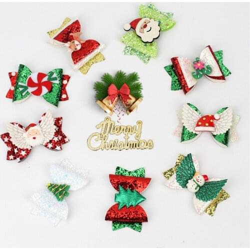 10pcs/Lot 2020 New Lovely Hair Bows For Girls Bling Glitter Hair Clip Santa Claus Hairpin Swallowtail Christmas Hair Accessories