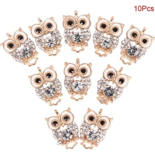 10Pcs Rhinestone Crystal Owl Enamel Charms Pendant DIY Jewelry Craft Findings