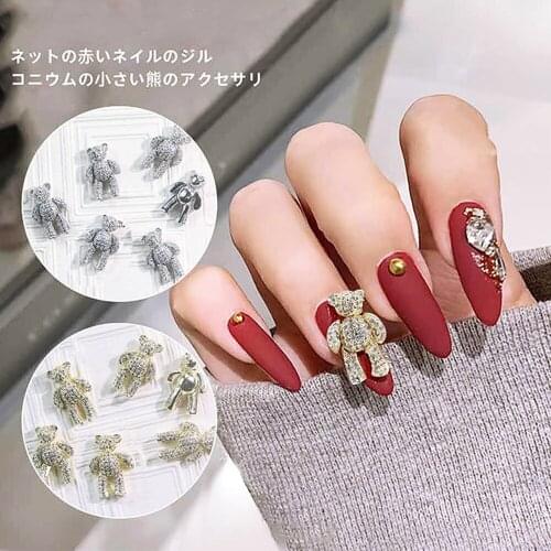 3D Luxury Gold Silver Color Bear Shape Nail Decorations Alloy Zircon Shiny Crystals Nail Jewelry Rhinestone Nails Accessories