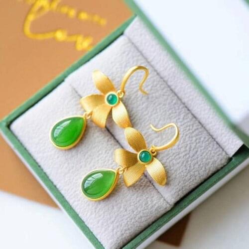 Antique earrings, court earrings, water drop earrings, retro Chinese style, natural Hetian jade, Jasper earrings, female Sterlin