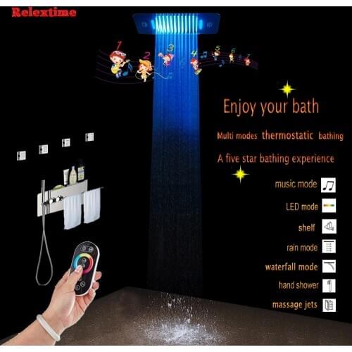 Bluetooth Music LED Ceiling Shower Head Waterfall Bathroom Shower Set Faucet Thermostatic Concealed Mixer Shower Speaker System