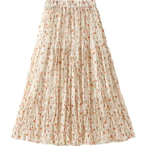 Beige/Pink Boho Floral Print Pleated Skirt For Women Summer Chiffon Maxi Skirts Female Bohemian Midi Party Beach Skirt Fladas