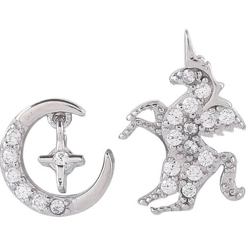 Unicorn Stud Earrings Crystal Zircon For Women Asymmetrical Moon Simple Korean Fashion Style Hot Student Party Jewelry BOYULIGE