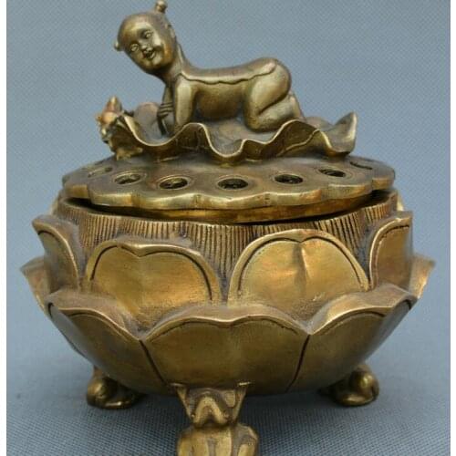 Chinese fengshui old bronze lotus flower baby girl statue incense burner censer