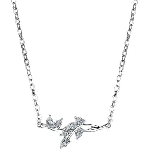 Korean Style Beautiful Branch Flower Silver Color Necklace for Women Cubic Zircon Paved Pendant Necklace Chain