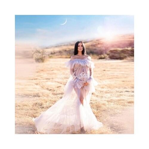 Sweet Bridal Long Tulle Maternity Dresses For Women Photo Shoot Front Open Off Shoulder Sheer Party Tulle Robes Abiti premaman