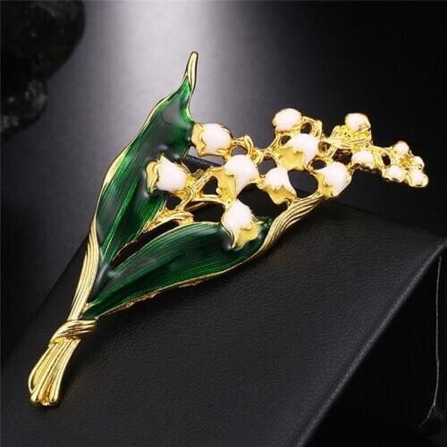 Trendy Alloy Enamel White Floral Leaf Brooch Lily Of The Valley Color Brooch Pin High Quality Jewelry For Women
