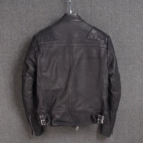 2020 Mens japanese style water finish cow leather washed vintage motorcycle cotton liner moto biker jacket male