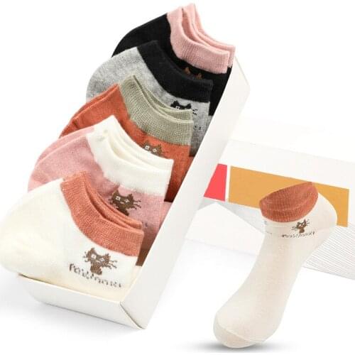 10 Pieces=5 Pairs Female Cartoon Cat Pattern Boat Socks Women Set Summer Casual Trend White Korean Style Cotton Adult Socks