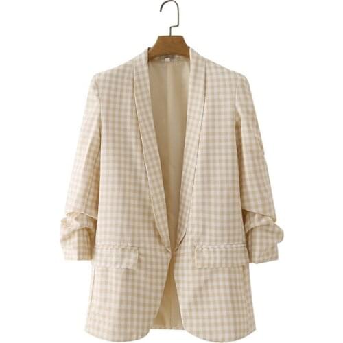 2021 Summer New Korean Yellow Plaid Cuffs Pleated Suit Long Sleeve Slim Coat DLWT252