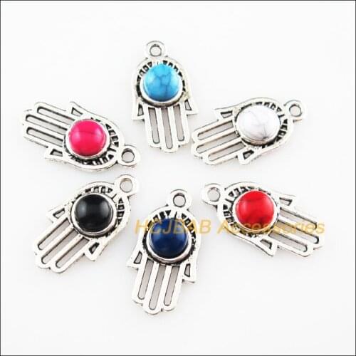 24 New Flower Mixed Charms Stone Palm Hand Tibetan Silver Tone Pendants 11x21mm