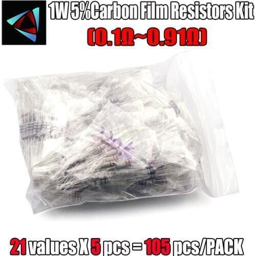0.1-0.91 ohm 1W 5% 21valuesX5pcs=105pcs carbon film resistor RESISTORS Assorted Kit, Metal Oxide Film Resistors