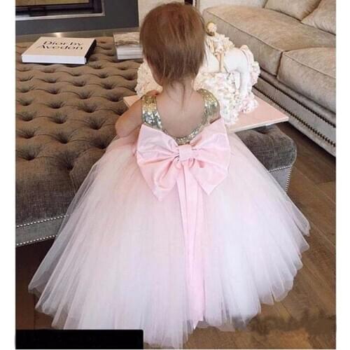 Pink Infant Baby Girls Birthday Gown Flower Girl Dresses with Bow Sequins Top Puffy Tulle Girls Birthday Dress Size1-16Years
