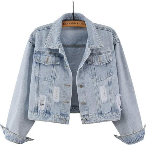 Casual Hole Jeans Jacket Women Spring Autumn Vintage Short Denim Coat Single Breasted Loose Clothes Ladies Tops Streetwear G1205