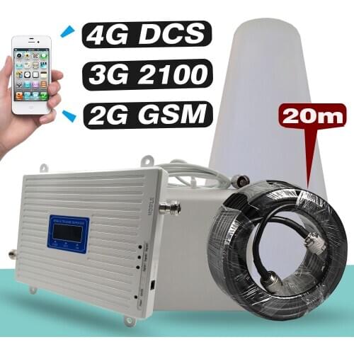 2G 3G 4G Tri-Band Repeater GSM 900MHz+DCS/LTE 1800(B 3)+UMTS/WCDMA 2100(B1) Mobile Signal Booster Cellular Amplifier Antenna set
