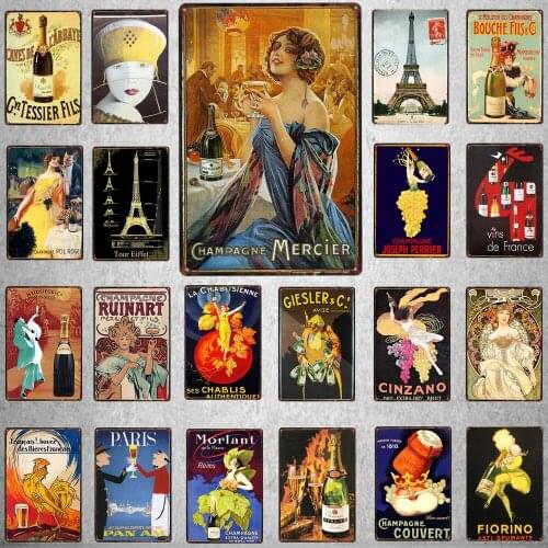 Champagne Wine Metal Tin Sign France City Poster Vintage Travel Metal Plate For Wall Pub Cafe Home Craft Decor DU-6307A