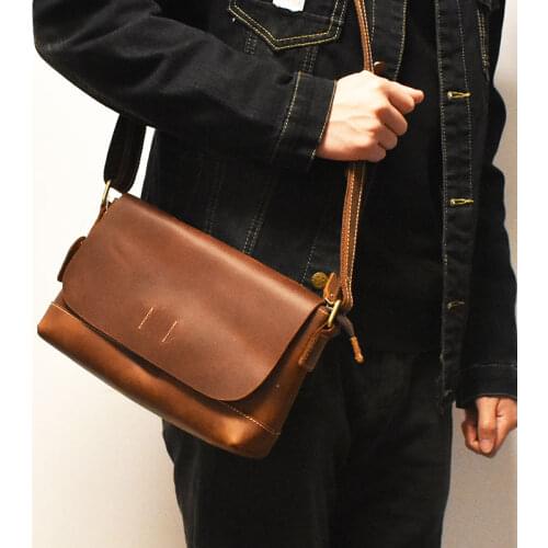 Vintage Original Crazy Horse Leather Men Messenger Bags Casual Genuine Leather Bag