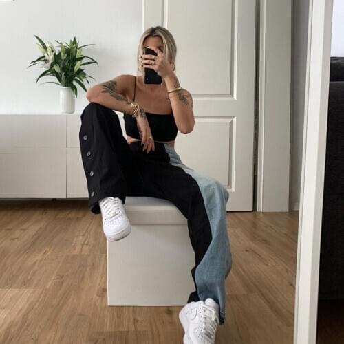 Women Color Block Jeans 2020 New Fashion Vintage High Waist Loose Wide Leg Trousers Pants Streetwear Denim Pant Bottoms