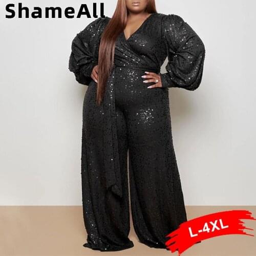 Plus Size Long Sleeve Sequins Women Jumpsuits 4XL Elegante Women Wrap V Neck Wide Leg Lace Up Waist One Piece Outfits Playsuits