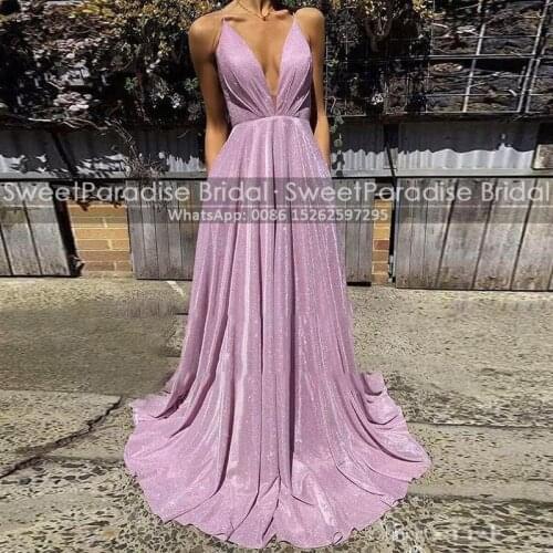 Pink Sequined A Line Prom Dresses 2020 Sexy Criss Cross Back Spaghetti Strap Women Formal Long Evening Dress Wedding Party Gown
