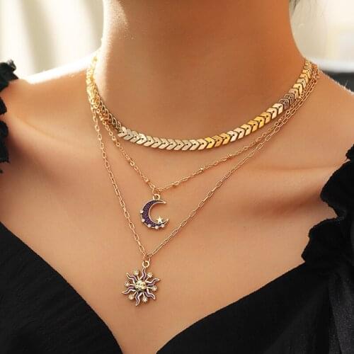 Gold Color Fish Bone Chain Choker Necklace for Women Multilayer Moon Star Pendant Clavicle Chain Necklace Jewelry Party Gifts
