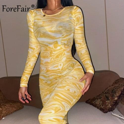 Forefair O Neck Long Sleeve Mesh Bodycon Bandage Dress 2021 Summer Fashion Female Print Mid Calf Streetwear Party Dresses