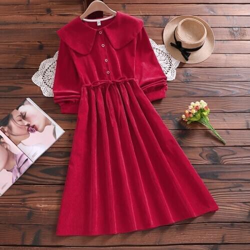 Mori girl corduroy cute solid dress new autumn fashion long sleeve women sweet vestidos