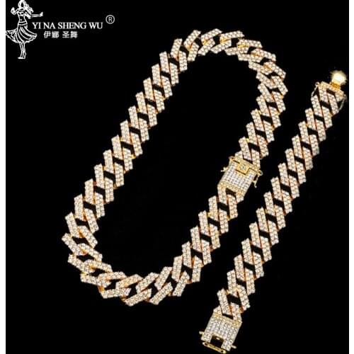 Hip Hop 1Set 20MM Gold Heavy Full Iced Out Paved Rhinestones Cuban Chain CZ Bling Rapper Necklaces For Men Jewelry Gifts Fashion