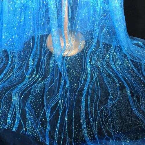 1 Yard INS Hot Sky Blue iron Bronzing Glitter Sequin shiny Fabric Wave Pattern Lace Fabric Wedding Dress Designer Material