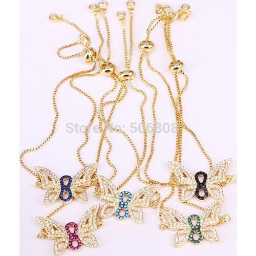 6PCS ZYZ-B6929 Micro Paved CZ Crystal Butterfly Bead Slider Adjustable Chain Bracelet Gold Color Insect Charm Bracelet for Women