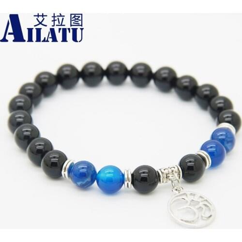 Ailatu Trendy Fashion Jewelry Wholesale 8mm Natural Black Onyx Stone Beads Bronze Om Charm Yoga Bracelet