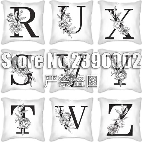 Black flowers Letter printed 45*45cm English Alphabet Cushion Cover Polyester Decoration Home Decorativos Para Sofa Pillowcase