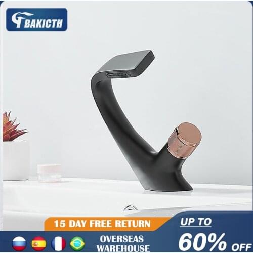 Bakicth Black Faucet Bathroom Sink Faucets Hot Cold Water Mixer Crane Deck Mounted Single Hole Bath Tap Chrome Finished