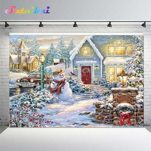 Christmas House Backdrop Winter Snow Trees Snowman Photography Background Village Road Vintage Car Photo Backdrops Wallpaper