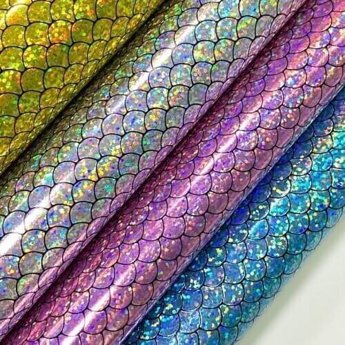Fish Scale/Mermaid Pattern with Small Dot Printed Holographic Metallic Laser PU Faux Leather Fabric Sheet for Shoe/Bag/Wallet