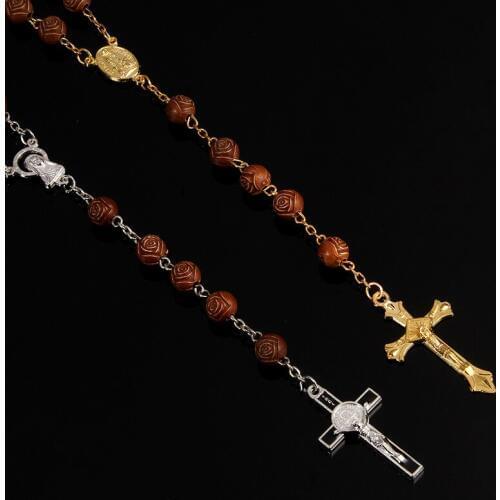 8mm Resin Rose Catholic Rosary Necklace with Vintage Religious White Imitation Pearl Bead Necklace
