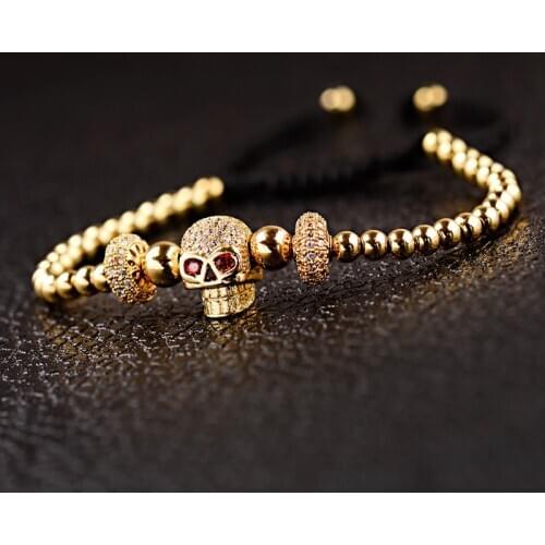 Fashion Men CZ Skeleton Bracelet Homme Gold Copper Beads Adjustable Bracelet Rope Chain Bracelet For Women