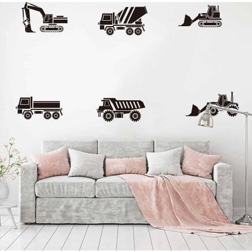 Cartoon 6pcs Construction Truck Crane Bulldozers Wall Decal Kids Room Builder Vehicle Wall Sticker Playroom Vinyl Murals Z373