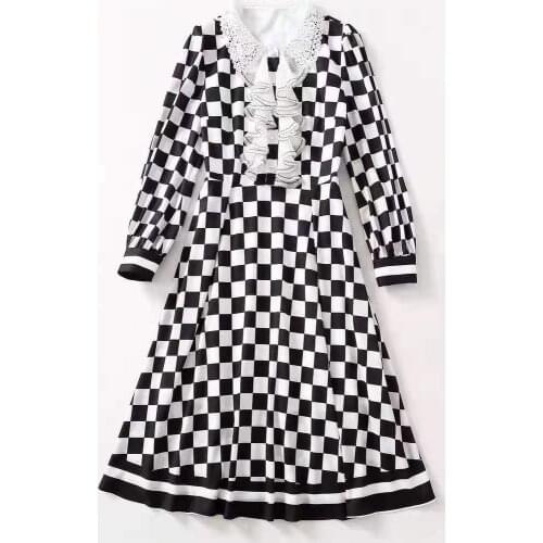 European and American womens clothing new 2021 spring Long sleeve lace lapel Flouncy checkered print Fashion dress