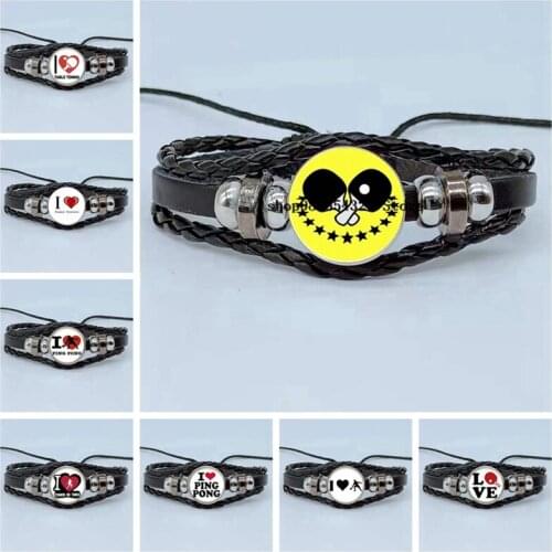 New fashion steampunk table tennis table tennis art keychain DIY glass braided jewelry leather bracelet