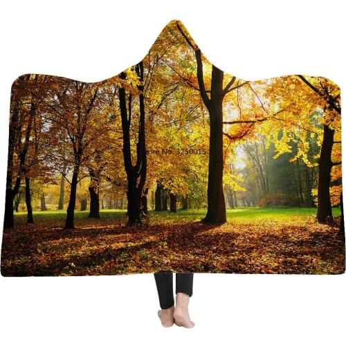 Natural Jungle 3D Print Hooded Blanket For Adult Kids Wool Winter Warm Sofa School Home Picnic Carrying Wearable Blanket