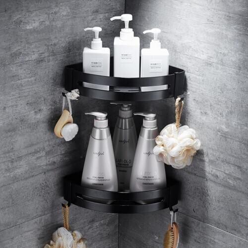 Nail Free Space Aluminum Black Bathroom Shelf Cosmetic Rack With Single Lever Bath Corner Basket With Hook Bathroom Rack Shelf