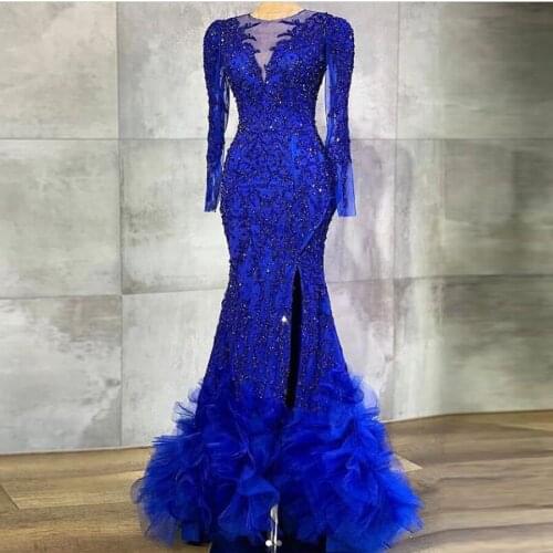 Real Image Luxury Royal Mermaid Evening Dresses Full Sleeves Lace Sparkle Beaded Long Prom Gowns Sexy Side Split Party Dress
