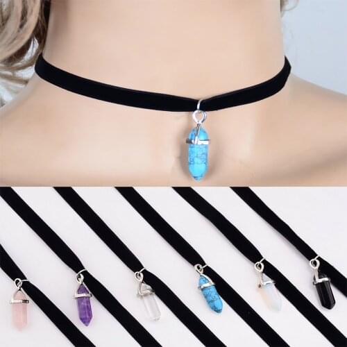 Retro Black Velvet Natural Stone Bullet Shape Choker Pendant Necklace For Women Girl Collar Boho Elastic Jewelry Gifts