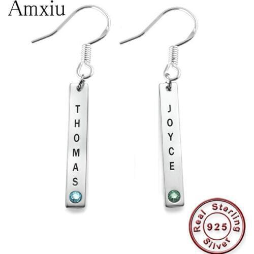 Amxiu Custom Name Earrings 925 Sterling Silver Earrings Personalized Name Earrings Long Bar Earrings For Women Zircon Jewelry