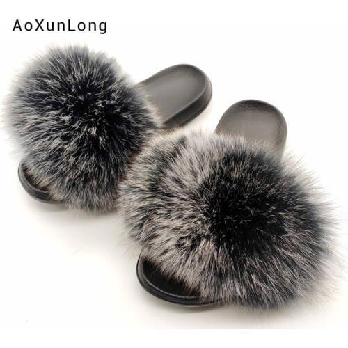 New Womens Fox Fur Slippers Summer Home Fox Hair Flip Flops Elegant Fur Slides Ladies EVA Sole Non-slip Furry Fur Slippers