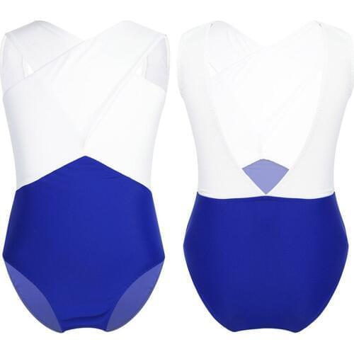 TiaoBug Kids Girls Dancewear Sleeveless Cross Color Block Gymnastics Leotard Child Competition Performance Ballet Dance Costume