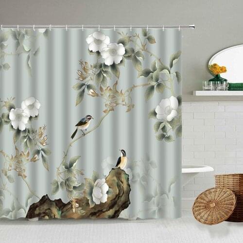Chinese Style Flower Bird Leaf Landscape Shower Curtain Classical Artistic Conception Art Bathroom Accessories Waterproof Screen
